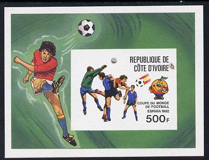 Ivory Coast 1982 World Cup Football imperf m/sheet proof in issued colours on thin card as Mi BL19, stamps on football