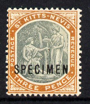 St Kitts-Nevis 1903 Crown CA Medicinal Spring 3d optd SPECIMEN, with little or no gum, only 730 produced SG 5s, stamps on specimen