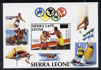 Sierra Leone 19854 Los Angeles Olympics Gold Medal Winners perf m/sheet (Boxing) unmounted mint, SG MS 884, stamps on olympics, stamps on boxing, stamps on sailing<horses, stamps on show jumping, stamps on high jump, stamps on diving, stamps on discus, stamps on swimming