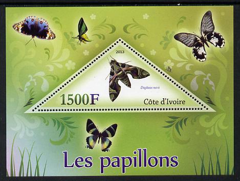 Ivory Coast 2013 Butterflies #1 perf deluxe sheet containing one triangular value unmounted mint, stamps on butterflies, stamps on triagulars
