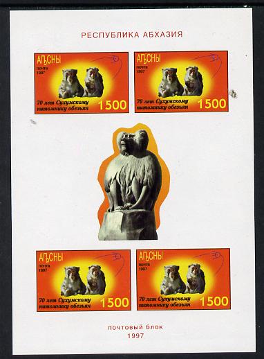 Abkhazia 1997 Monkeys (red background) imperf sheetlet containing 4 values unmounted mint, stamps on animals, stamps on monkeys, stamps on apes