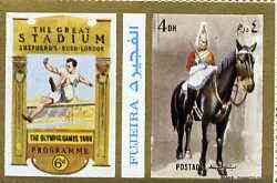 Fujeira 1972 Horse Guard, London 4 Dh perf se-tenant with label (showing Jumper) from Olympics Games - People & Places set of 20 unmounted mint, Mi 1043A, stamps on militaria    london    jump     horses, stamps on olympics       