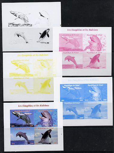 Chad 2014 Whales & Dolphins sheetlet containing 4 values - the set of 5 imperf progressive proofs comprising the 4 individual colours plus all 4-colour composite, unmounted mint , stamps on whales, stamps on dolphins, stamps on marine life
