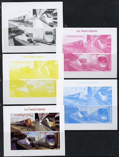 Chad 2014 High Speed Trains #1 sheetlet containing 4 values - the set of 5 imperf progressive proofs comprising the 4 individual colours plus all 4-colour composite, unmounted mint , stamps on railways