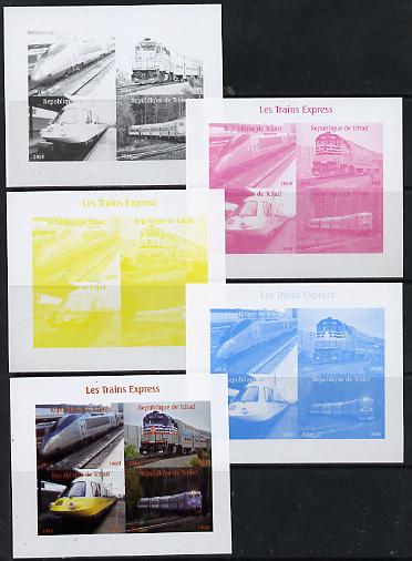 Chad 2014 High Speed Trains #2 sheetlet containing 4 values - the set of 5 imperf progressive proofs comprising the 4 individual colours plus all 4-colour composite, unmo..., stamps on railways