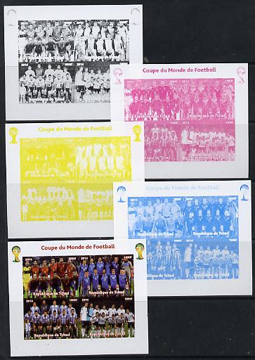 Chad 2014 Football World Cup #2 sheetlet containing 4 values - the set of 5 imperf progressive proofs comprising the 4 individual colours plus all 4-colour composite, unm..., stamps on football