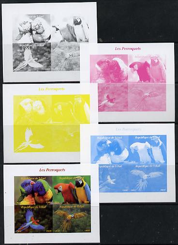 Chad 2014 Parrots sheetlet containing 4 values - the set of 5 imperf progressive proofs comprising the 4 individual colours plus all 4-colour composite, unmounted mint , stamps on birds, stamps on parrots