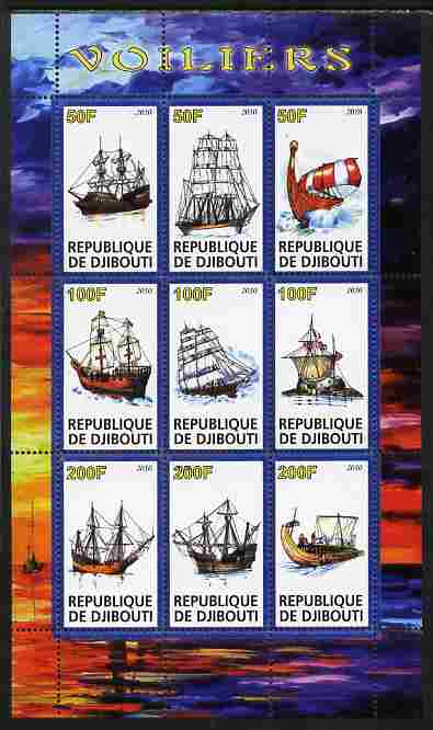Djibouti 2010 Sailing Ships perf sheetlet containing 9 values unmounted mint, stamps on , stamps on  stamps on ships