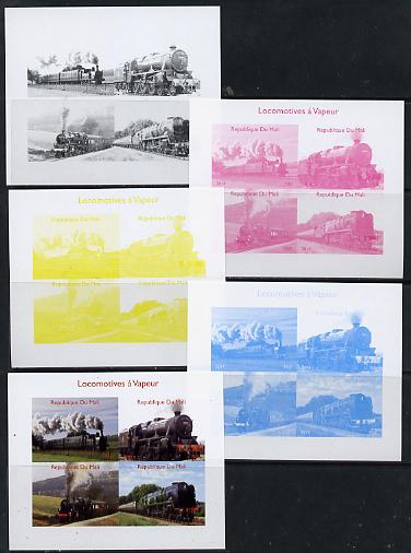 Mali 2014 Steam Locomotives #1 sheetlet containing 4 values - the set of 5 imperf progressive proofs comprising the 4 individual colours plus all 4-colour composite, unmounted mint , stamps on railways