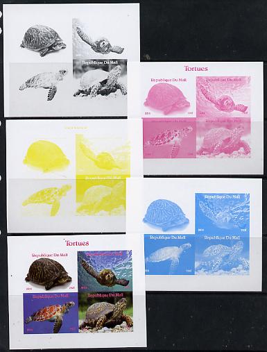 Mali 2014 Turtles sheetlet containing 4 values - the set of 5 imperf progressive proofs comprising the 4 individual colours plus all 4-colour composite, unmounted mint , stamps on reptiles, stamps on turtles