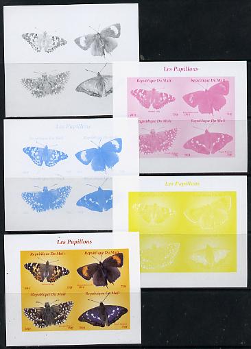 Mali 2014 Butterflies #2 sheetlet containing 4 values - the set of 5 imperf progressive proofs comprising the 4 individual colours plus all 4-colour composite, unmounted mint , stamps on butterflies