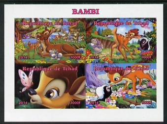 Chad 2014 Walt Disneys Bambi imperf sheetlet containing 4 values unmounted mint. Note this item is privately produced and is offered purely on its thematic appeal. . , stamps on films, stamps on movies, stamps on cinema, stamps on cartoons, stamps on disney, stamps on 