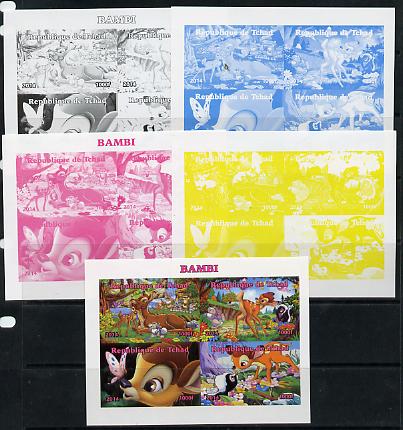 Chad 2014 Walt Disney's Bambi sheetlet containing 4 values - the set of 5 imperf progressive proofs comprising the 4 individual colours plus all 4-colour composite, unmounted mint , stamps on films, stamps on movies, stamps on cinema, stamps on cartoons, stamps on disney, stamps on 