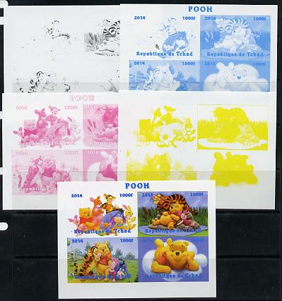 Chad 2014 Walt Disney's Pooh sheetlet containing 4 values - the set of 5 imperf progressive proofs comprising the 4 individual colours plus all 4-colour composite, unmounted mint , stamps on films, stamps on movies, stamps on cinema, stamps on cartoons, stamps on disney, stamps on bears