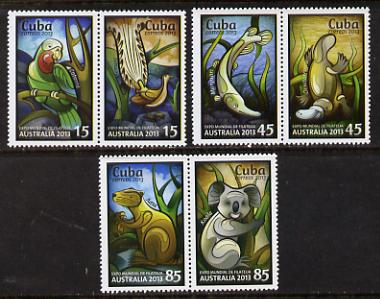 Cuba 2013 Australia Expo perf set of 6 values (3 se-tenant pairs)unmounted mint, stamps on animals, stamps on birds, stamps on bears, stamps on roos, stamps on stamp exhibitions, stamps on parrots