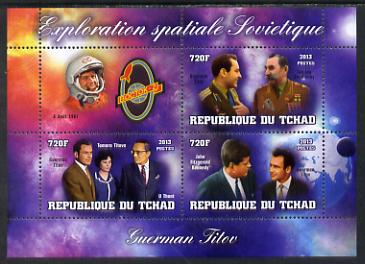 Chad 2013 Soviet Space Exploration - Gherman Titov #2 perf sheetlet containing three values plus label unmounted mint, stamps on personalities, stamps on space