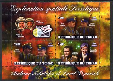 Chad 2013 Soviet Space Exploration - Andriyan Nikolayev & Pavel Popovich #2 perf sheetlet containing three values plus label unmounted mint, stamps on personalities, stamps on space