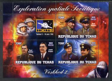 Chad 2013 Soviet Space Exploration - Voskhod 2 #1 perf sheetlet containing three values plus label unmounted mint, stamps on , stamps on  stamps on personalities, stamps on  stamps on space