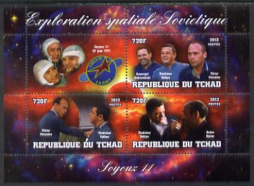 Chad 2013 Soviet Space Exploration - Soyuz 11 #1 perf sheetlet containing three values plus label unmounted mint, stamps on personalities, stamps on space