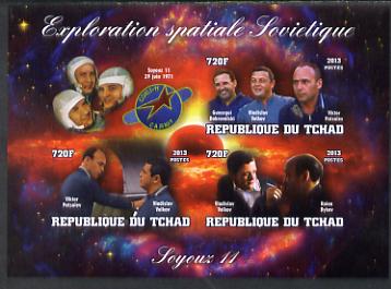 Chad 2013 Soviet Space Exploration - Soyuz 11 #1 imperf sheetlet containing three values plus label unmounted mint, stamps on personalities, stamps on space