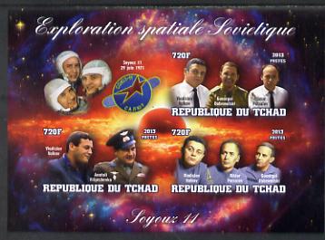 Chad 2013 Soviet Space Exploration - Soyuz 11 #2 imperf sheetlet containing three values plus label unmounted mint, stamps on personalities, stamps on space