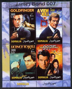 Somalia 2004 James Bond perf sheetlet containing 4 values unmounted mint. This sheet is in a small format with a predominately blue margin (see also item 708021). Note this item is privately produced and is offered purely on its thematic appeal, stamps on films, stamps on movies, stamps on  spy , stamps on cinema