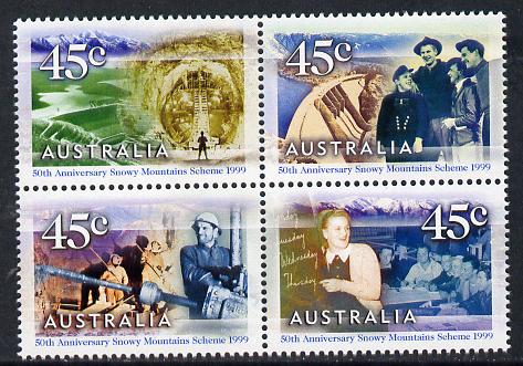 Australia 1999 Snowy Mountain Hydro-Electric Scheme set of 4 unmounted mint SG 1888a, stamps on dams, stamps on civil engineering, stamps on energy, stamps on irrigation, stamps on teachers, stamps on education