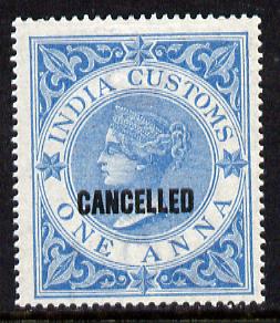 India 1860 QV Customs 1a blue opt'd CANCELLED unmounted mint, stamps on , stamps on  qv , stamps on revenues