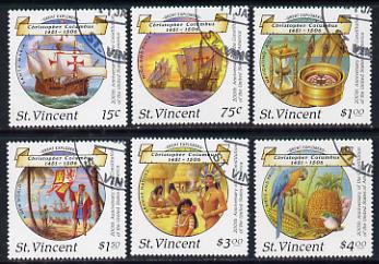 St Vincent 1988 Columbus perf set of 6 cds used, SG 1125-30, stamps on columbus, stamps on explorers, stamps on clocks, stamps on personalities, stamps on parrots, stamps on ships