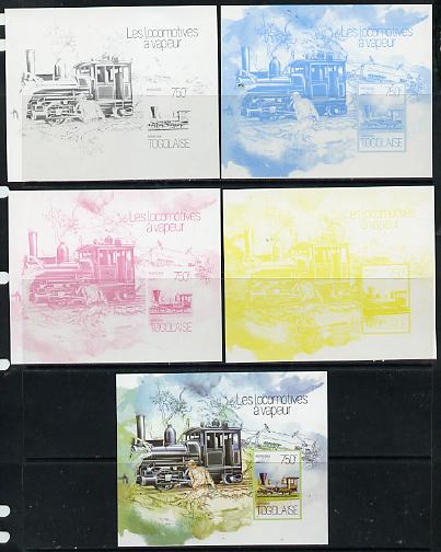 Togo 2013 Locomotives - Atlas 0-8-8 deluxe sheet - the set of 5 imperf progressive proofs comprising the 4 individual colours plus all 4-colour composite, unmounted mint , stamps on railways
