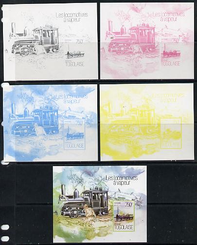 Togo 2013 Locomotives - Alder 2-2-2 deluxe sheet - the set of 5 imperf progressive proofs comprising the 4 individual colours plus all 4-colour composite, unmounted mint , stamps on railways