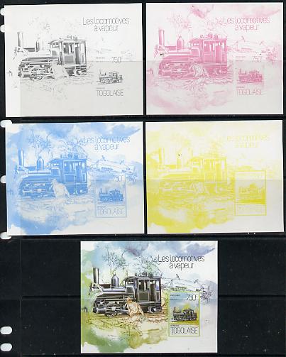 Togo 2013 Locomotives - Farle 0-4-4-0 deluxe sheet - the set of 5 imperf progressive proofs comprising the 4 individual colours plus all 4-colour composite, unmounted mint , stamps on railways