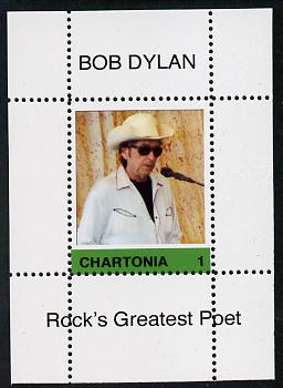 Chartonia (Fantasy) Bob Dylan - Rocks Greatest Poet #1 perf deluxe sheet on thin glossy card unmounted mint, stamps on personalities, stamps on music, stamps on pops, stamps on rock, stamps on dylan