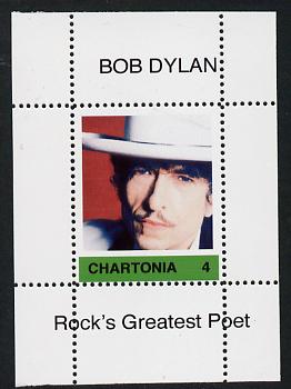 Chartonia (Fantasy) Bob Dylan - Rocks Greatest Poet #4 perf deluxe sheet on thin glossy card unmounted mint, stamps on personalities, stamps on music, stamps on pops, stamps on rock, stamps on dylan