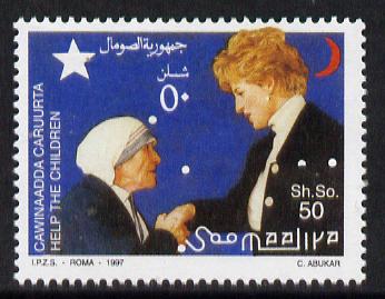 Somalia 1997 Help the Children - Mother Teresa & Princess Di 50Sh unmounted mint , stamps on personalities, stamps on diana, stamps on royalty, stamps on women, stamps on children, stamps on women, stamps on human rights, stamps on peace, stamps on nobel, stamps on teresa