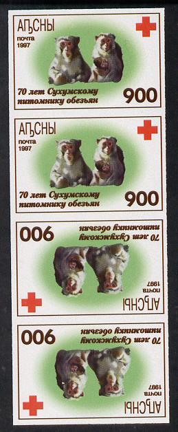 Abkhazia 1997 Monkeys & Red Cross imperf strip of 4 in tete-beche format unmounted mint, stamps on monkeys, stamps on apes, stamps on red cross, stamps on 