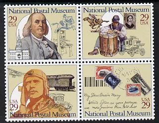 United States 1993 National Postal Museum se-tenant block of 4 unmounted mint SG 2839a, stamps on postal, stamps on museums, stamps on usa presidents, stamps on americana, stamps on stampon, stamps on stamp on stamp, stamps on aviation, stamps on 