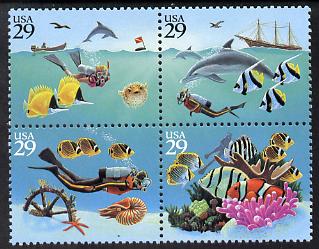 United States 1994 Wonders of the Seas se-tenant block of 4 unmounted mint SG 2944a, stamps on marine life, stamps on fish, stamps on shells, stamps on scuba, stamps on dolphins, stamps on coral