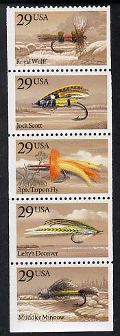 United States 1991 Fishing Flies booklet pane of 5 unmounted mint SG 2580a, stamps on fishing