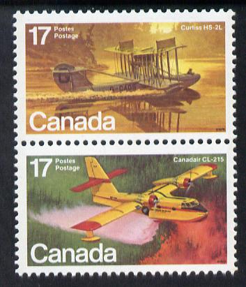 Canada 1979 Curtis HS-2L & Canadair CL-215 in se-tenant pair unmounted mint, from Canadian Aircraft (1st Series) SG 966a, stamps on aviation