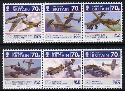 Isle of Man 2010 70th Anniversary of Battle of Britain perf set of 6 (2 se-tenant strips) unmounted mint SG 1584-89, stamps on aviation, stamps on  ww2 , stamps on spitfires, stamps on hurricanes, stamps on 