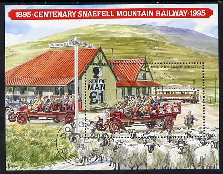 Isle of Man 1995 Centenary of Snaefell Mountain Railway m/sheet cto used, SG MS 638, stamps on railways, stamps on ovine, stamps on sheep, stamps on transport