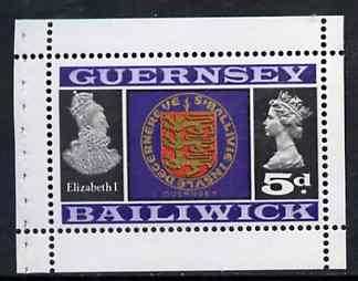 Guernsey 1969 Arms & Elizabeth I 5d Booklet Pane (stamp with margins all round) SG 19a, stamps on arms, stamps on heraldry     royalty     drake