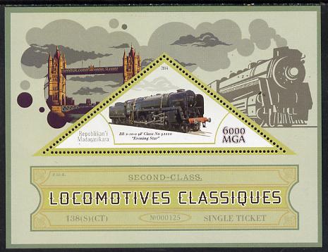 Madagascar 2014 Classic Locomotives - BR 9F Evening Star perf s/sheet containing one triangular-shaped value unmounted mint , stamps on shaped, stamps on railways, stamps on triangular, stamps on bridges