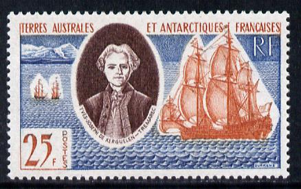 French Southern & Antarctic Territories 1960 Kerguelen Archipelago Discovery Commemoration 25f unmounted mint SG 23, stamps on polar, stamps on explorers