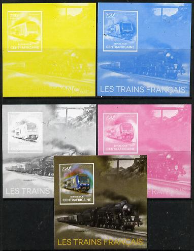 Central African Republic 2014 Trains of France #1 deluxe sheetlet - the set of 5 imperf progressive proofs comprising the 4 individual colours plus all 4-colour composite..., stamps on railways