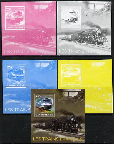 Central African Republic 2014 Trains of France #2 deluxe sheetlet - the set of 5 imperf progressive proofs comprising the 4 individual colours plus all 4-colour composite..., stamps on railways