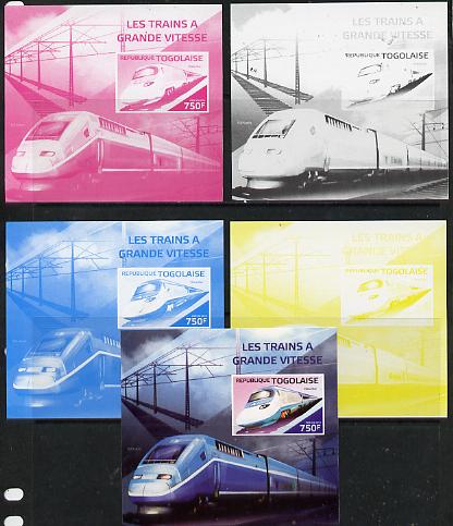 Togo 2014 High-Speed Trains #1 deluxe sheetlet - the set of 5 imperf progressive proofs comprising the 4 individual colours plus all 4-colour composite, unmounted mint , stamps on railways