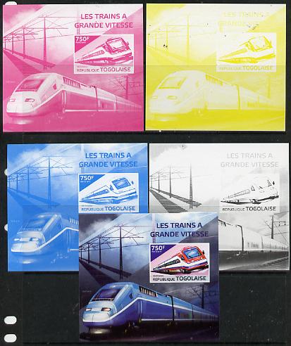 Togo 2014 High-Speed Trains #2 deluxe sheetlet - the set of 5 imperf progressive proofs comprising the 4 individual colours plus all 4-colour composite, unmounted mint , stamps on railways
