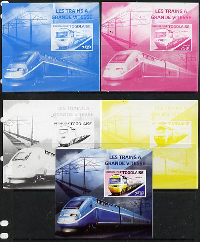 Togo 2014 High-Speed Trains #3 deluxe sheetlet - the set of 5 imperf progressive proofs comprising the 4 individual colours plus all 4-colour composite, unmounted mint , stamps on railways